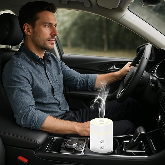 100ML Car Essential Oil Diffuser, Rechargeable Battery Powered, Cordless Portable Humidifier with 7 LED Color Changing Lights for Travel (White)