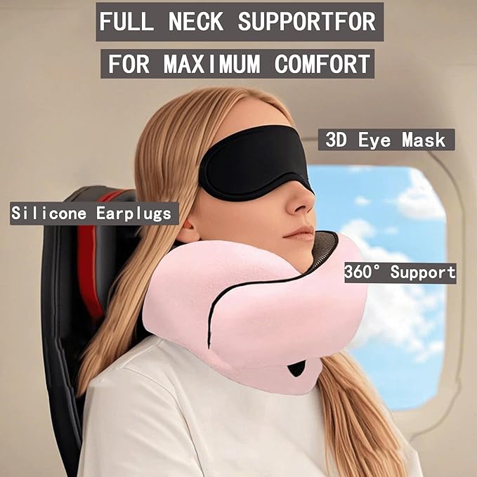 Neck Pillow for Traveling, Travel Neck Pillow for Airplanes, 100% Pure Memory Foam, 360° Support Stowable Pillows for Sleeping, Breathable & Washable Cover, Compact for Travel, Car & Office (Pink)