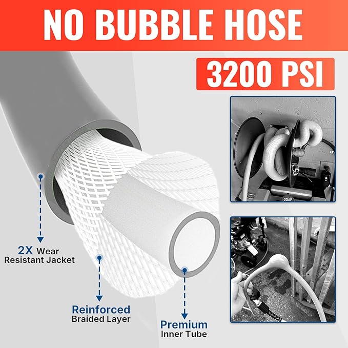 YAMATIC Upgraded Flexible Pressure Washer Hose 100FT 1/4", 3200 PSI Non-Kink Replacement with M22-14mm & 3/8" Quick Connect Adapters, Extension for Gas Power Washer Troy-Bilt Ryobi Honda Craftsman