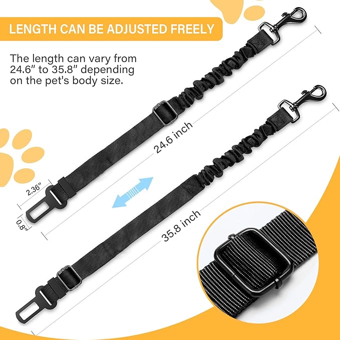 Dog Seat Belt Retractable Dog Car Harness 2 Pack Adjustable Elastic Bungee Buffer Heavy Duty & Durable & 360 Degree Swivel.