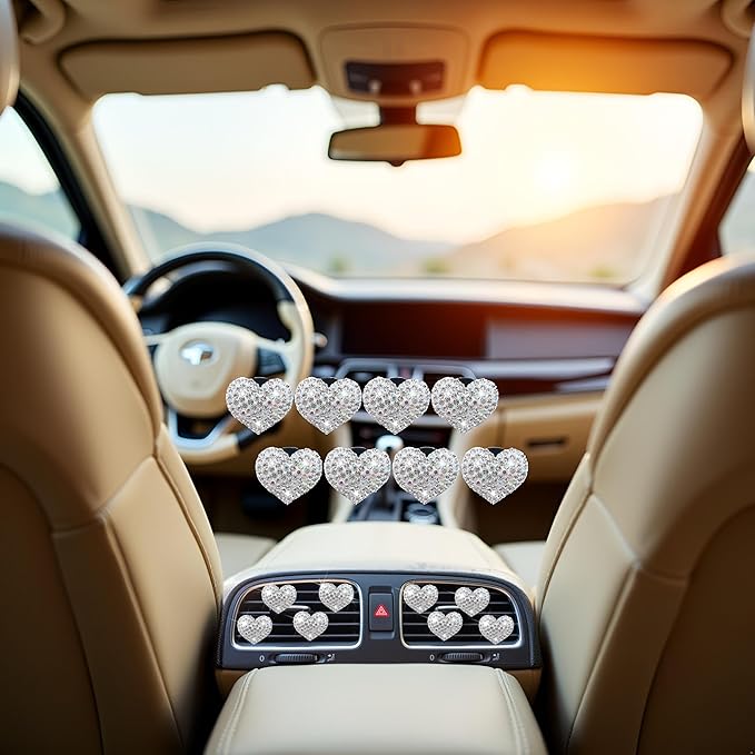 8 Pcs Silver Bling Heart Air Vent Clips, Crystal Car Fresheners, Diffuser With Rhinestone Decoration, Cute Interior Accessories for Women Girls, Decorations