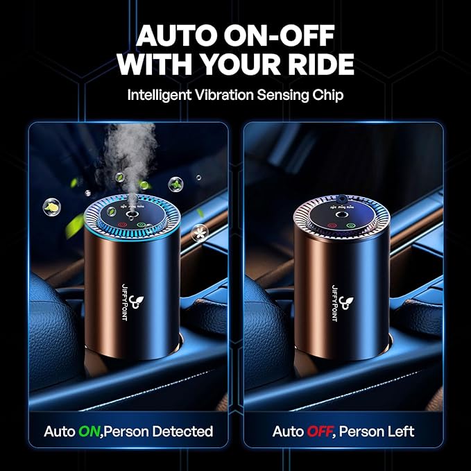 JiffyPiont Smart Car Air Freshener | Car Essential Oil Diffuser with 3 Fragrances (150ML Total) | Auto ON/OFF Car Diffuser | Star Projector | 7-Color Breathing Light | Long Life 450mAh Battery