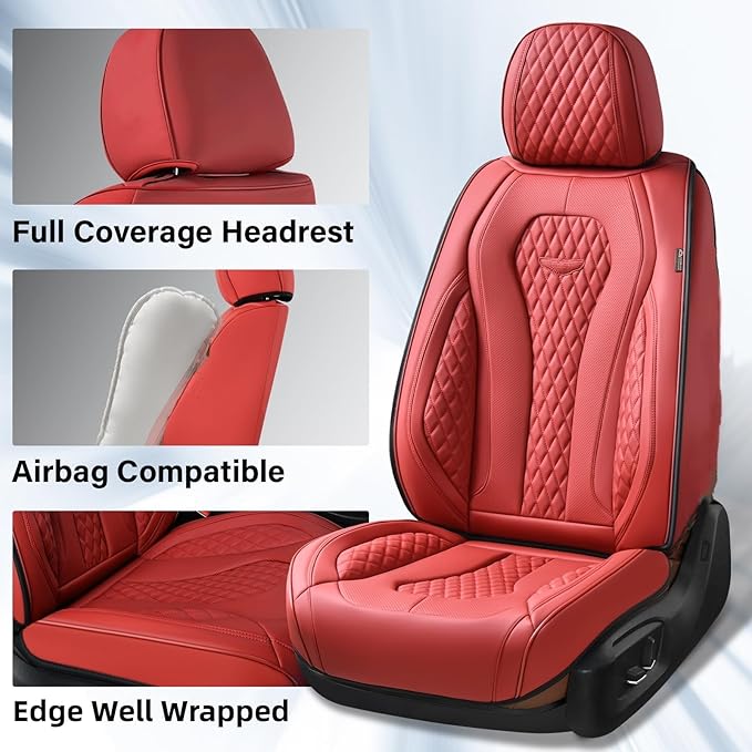 Coverado Car Seat Covers Full Set, Seat Covers, Car Seat Cover, Car Seat Covers Front Seats Back Seat Cover, Waterproof Car Seat Cushion, Leather Red Seat Covers Seat Protector Universal Fit Most Cars