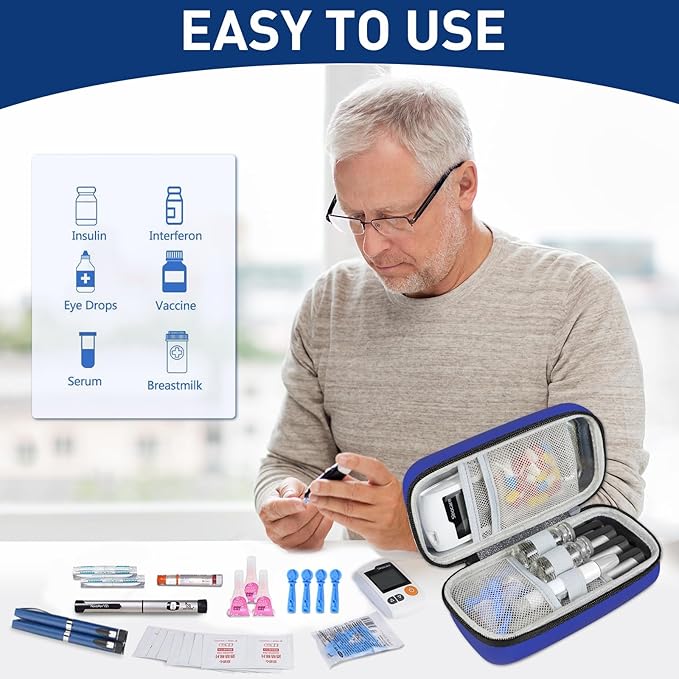 Insulin Cooler Travel Case, Portable EVA Medicine Travel Cooler, Diabetes Case with 2 Reusable Ice Packs TSA Approved for Diabetic Supplies Patent Pending(Blue-No Temp)
