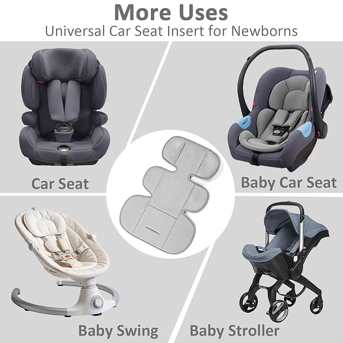 Infant Car Seat Insert Head and Body Support Thickened, GFU 3-in-1Reversible Newborn Insert for Carseat with Strap Pads, Soft Stroller Cushion Pillow Insert for Boys and Girls, Grey