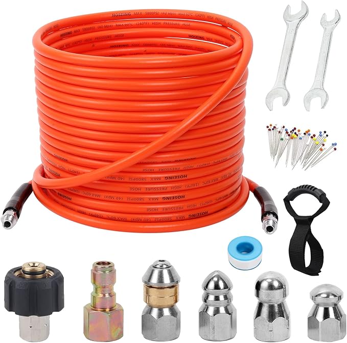70FT Pressure Washer Sewer Jetter Kit, 5800 PSI Water Jet Drain Cleaner Hose with Corner Rotating Button Nose Nozzle, 1/4 Inch NPT, Sewer Jetter Nozzles Kit with Spanner Handle Strap