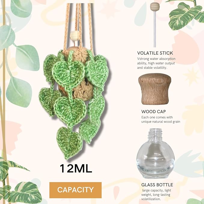 Handmade Crochet Hanging Car Air Freshener- Lifelike Green Pothos for Hanging with 12ml Thick Refillable Glass Diffuser Bottle, Suitable Decor for Car Rearview Mirror, Home & Wellness Spaces