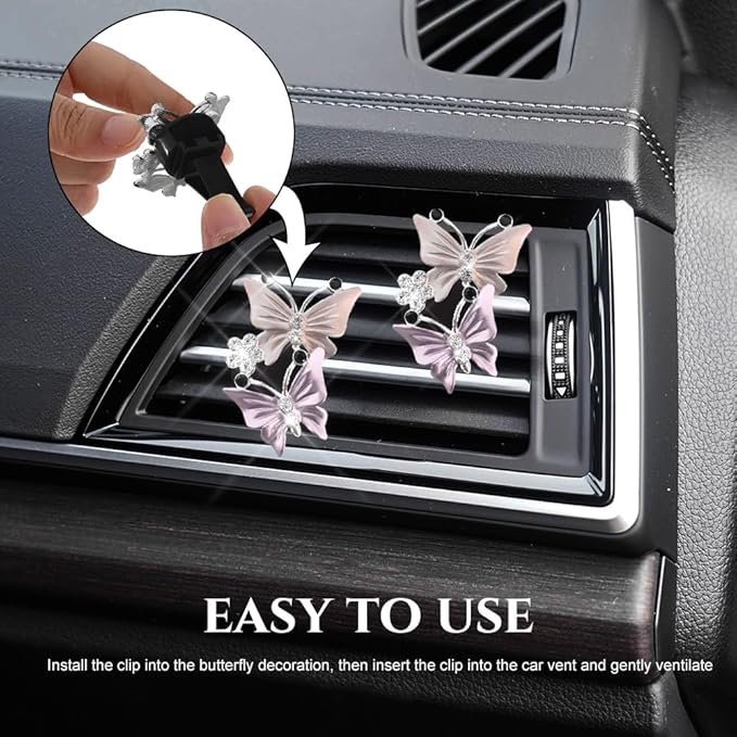 2PCS Car Air Vent Clips, Dual Butterfly Diamond Car Air Conditioner Outlet Vent Clip, Cute Car Diffuser Perfume Clip, Car Air Freshener Decor Accessories for Women Girl (Light Pink, Style 1)