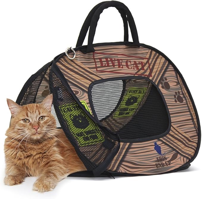 SportPet Designs Pop Open Cat Carrier, Soft-Sided Collapsible Travel Carrier for Cats up to 15 lbs, Lightweight Portable Design with Mesh Ventilation & Secure Zippers, Patterned Live Cat