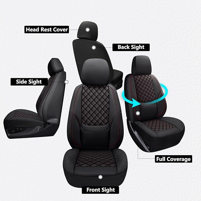 Wrangler Seat Covers 2007-2026 Full Set, Waterproof Leather Interior Sets with Lumbar Support Custom Fit for Jeep Wrangler JK JL 4 Door Unlimited Sahara/Sport/Rubicon X 392 Willys, Black Red