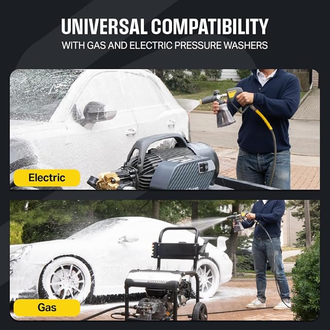 Active Foam Cannon with ¼ inch quick connector for Electric and Gas Pressure Washers. Wide-mouth bottle and variable spray to generate thick snow foam spraying for home DIY car wash & detailing.
