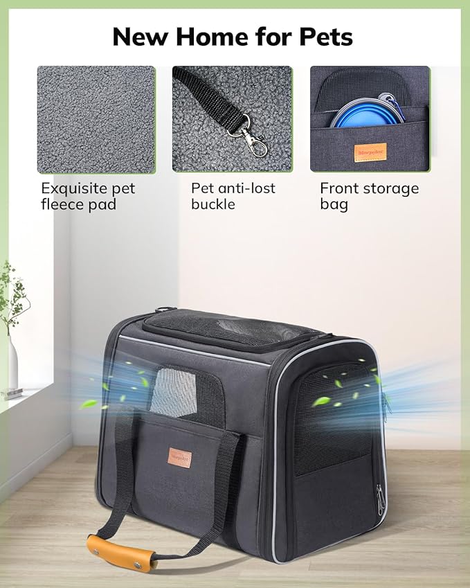 Morpilot Pet Carrier for Large Cats, Small Dogs & Puppies Up to 25lbs, Escape-Proof with Locking Zippers, Dual-Sided Cushion, Safety Buckle for Car & Vet Travel, Includes Foldable Bowl (Dark Gray)