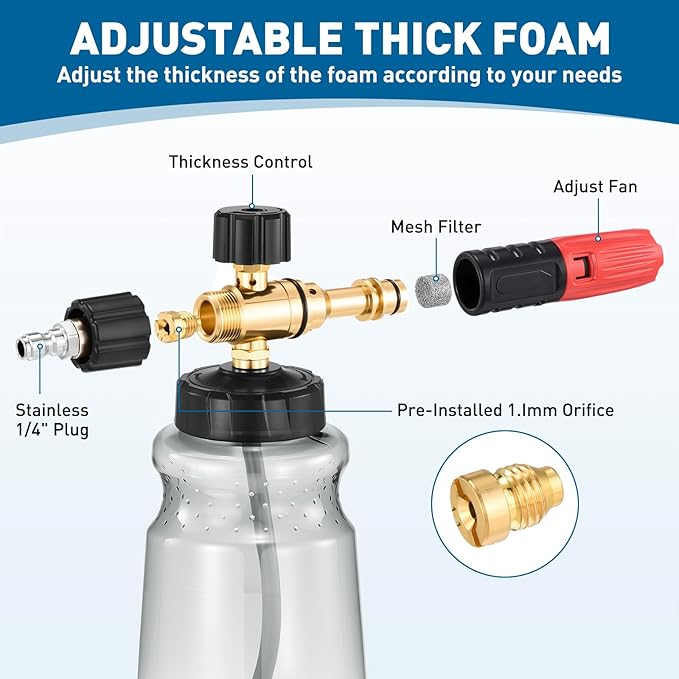 Foam Cannon for Pressure Washer, 1L Thick Foam Lance Soap Dispenser for Car Washing with Adjustable Thick Foam with 1/4 Inch Quick Connector, Foaming Mesh, Stainless Steel Nozzle