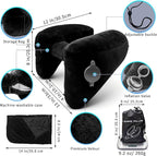H-Shaped Travel Pillow with Snap-On Hood – Ergonomic Neck Support with Plush Velvet Cover, Instant Inflation & Compact Bag – for Airplane, Car, Office & Long Trips (Black)