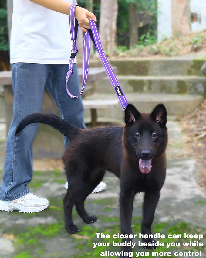 AUBELL Double Handle Tactical Dog Leash Heavy Duty for Small and Medium Large Dogs,Reflective Adjustable Nylon Leash that Pull with Car Seatbelt for Training,4.5-6FT,Purple