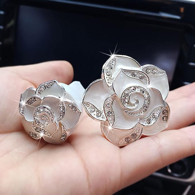 2 Pcs Camellia Air Vent Clips, Cute Flower Car Air Freshener Clip, Bling SUV Outlet Decorations, Crystal Rose Vent Diffuser, Charm Car Inter Decor Accessories for Women Girls