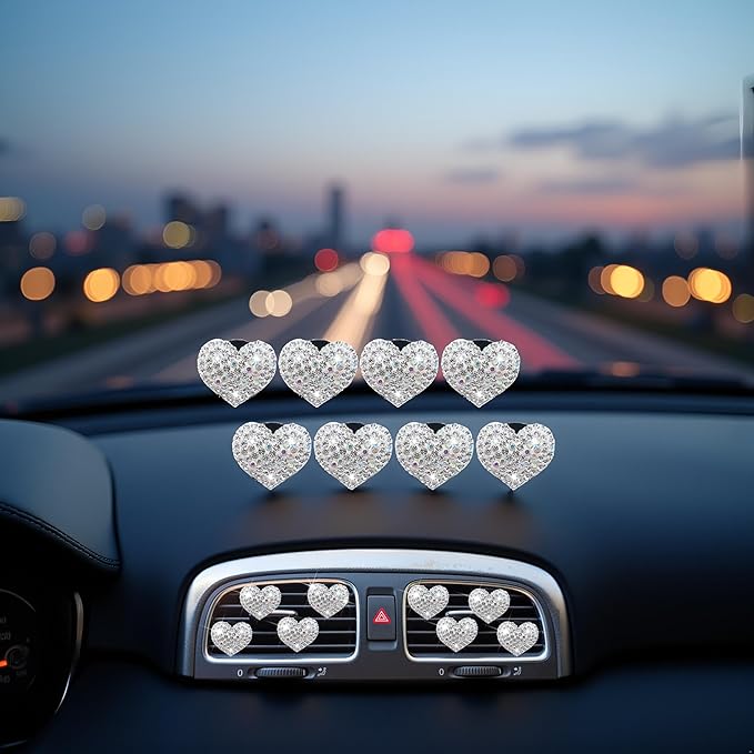 8 Pcs Silver Bling Heart Air Vent Clips, Crystal Car Fresheners, Diffuser With Rhinestone Decoration, Cute Interior Accessories for Women Girls, Decorations