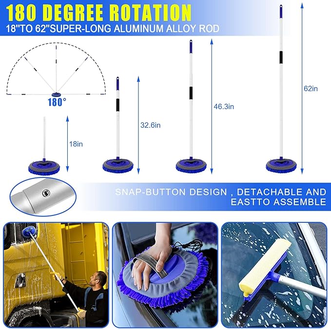 21Pcs Car Wash Kit,62" Car Wash Brush Mop with Long Handle,Car Cleaning Kit,Car Detailing Brush Set,Car Wash Bucket with Filter,Windshield Window Squeegee for Cars RV Truck Boat (Blue)