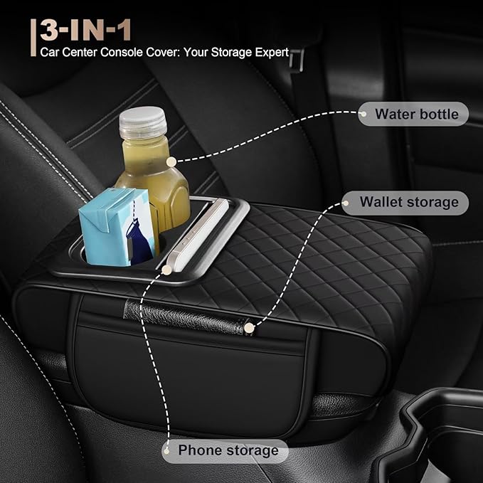 Center Console Cover Fit for Corolla Faux Leather Car Armrest Cushion with Storage Bags, Cup Holder ＆ Phone Storage Multifunctional Middle Console Cover(Black)