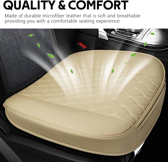 wuyaoyao Leather Car Seat Bottom Covers, Anti-Slip Front Seat Covers for Car, Auto Seat Cover Cushion Pad, Full Wrap Bottom Auto Seat Protector with Pocket Suitable for Most Vehicles (Beige)