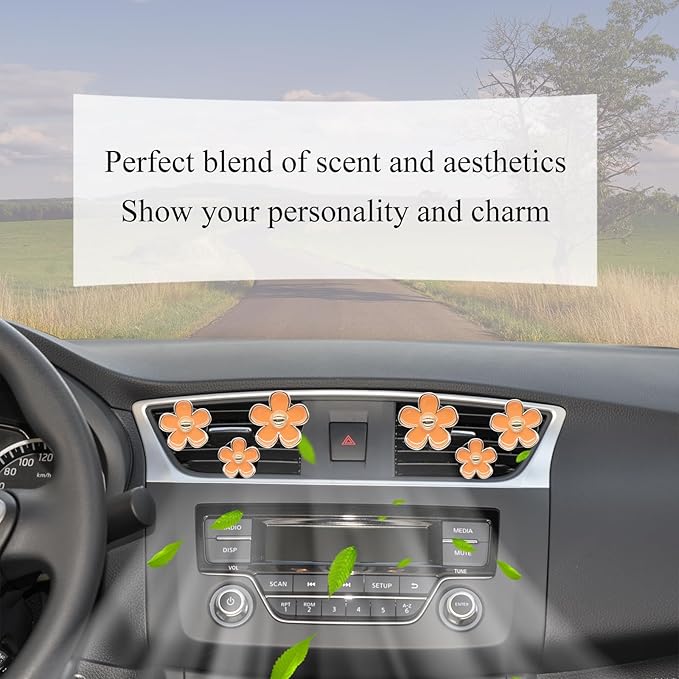 6pcs Flower Car Air Fresheners,Cute Orange Daisy Air Vent Clips Car Decor for Women,3.3cm/3cm/2.5cm Girly Flower Car Vent Clips,Refillable Clips on Diffuser