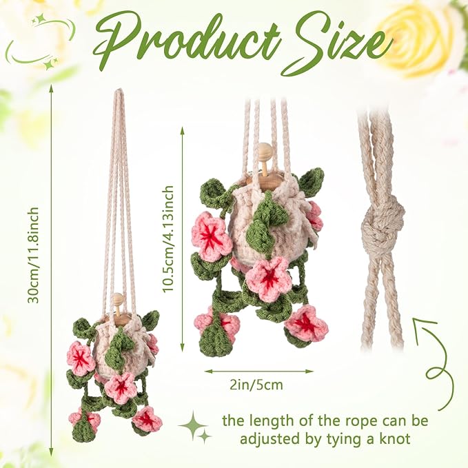 Cute Crochet Plant Car Freshener 12ml Empty Refillable Diffuser Bottle with Plants Hanging Accessories for Rearview Mirror Home Office Decor Women Mother's Day Gifts(Cherry Blossoms)