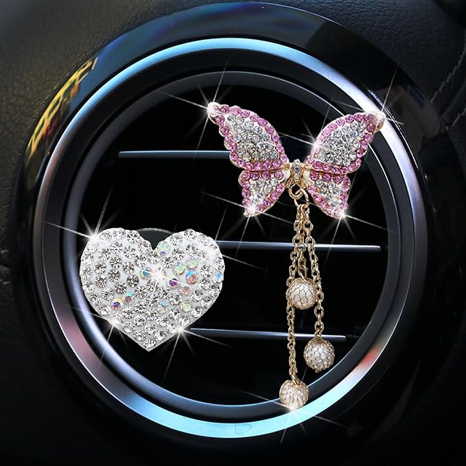 2 Pcs White Bling Rhinestone Heart + Pink Butterfly Clip Accessories Air Conditioning Outlet Clip Car Air Freshener Dashboard Accessories Charm Car Inter Decor Cute Interior Accessories for Women