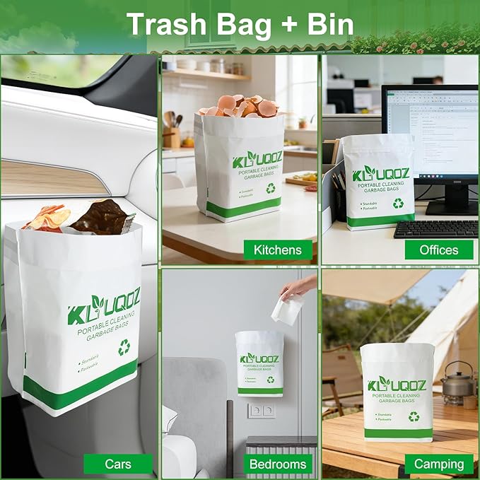 Disposable Cars Trash Bags Standable 100 Pack Car Garbage Bag Self Adhesive travel trash bag for Cars Kitchens Bedrooms Offices Travel and Camping Open Top Cleaning Bags (10.1 * 2.3 * 7.6 in) (50)