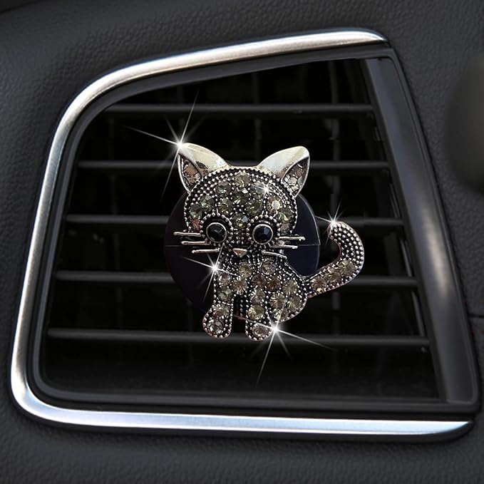 Cute Diamond Cat Air Vent Clip Air Conditioning Outlet Clip Car Air Freshener Clip Charm Car Inter Decor Accessories (Grey)