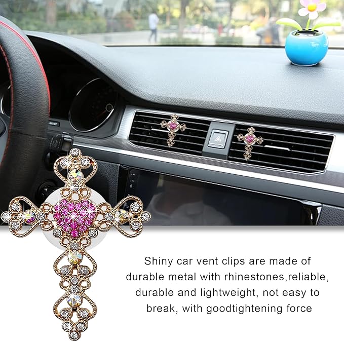 2PCS Bling Car Air Vent Clip, Crystal Cross Air Conditioner Outlet Air Fresheners Vent Clips, Sparkly Bedazzled Decor Rhinestone Cross Diffuser Clip, Interior Car Accessories (Pink)