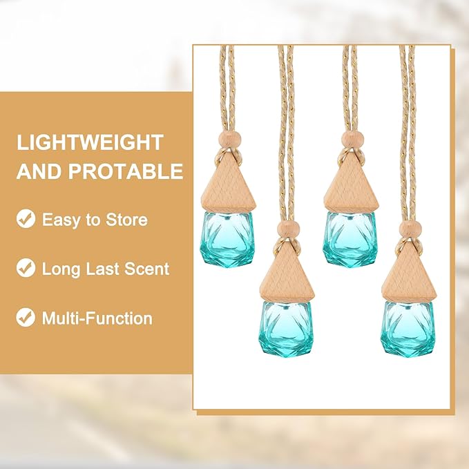 uxcell 4pcs Hanging Car Air Freshener Perfume Bottle, 8ml Pendant Empty Clear/Azure Glass Essential Oil Aromatherapy Diffuser with Wooden Cap for Car Decor (Clear/Azure, Rhombus)