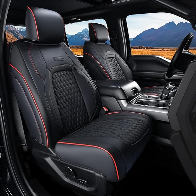 Coverado JK Seat Covers for Jeep Wrangler, Custom Fit for Pickup Truck Jeep Wrangler Seat Covers 2/4 Door, Waterproof Leather Car Seat Covers Cushions for Jeep Wrangler Accessories 2013-2017(Red Line)