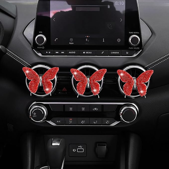 Dotesy 2 Pack Bling Bling Butterfly Air Vent Clips Crystal Butterfly Car Air Fresheners Vent Clips Diamond Cute Car Interior Decor for Women (Red)