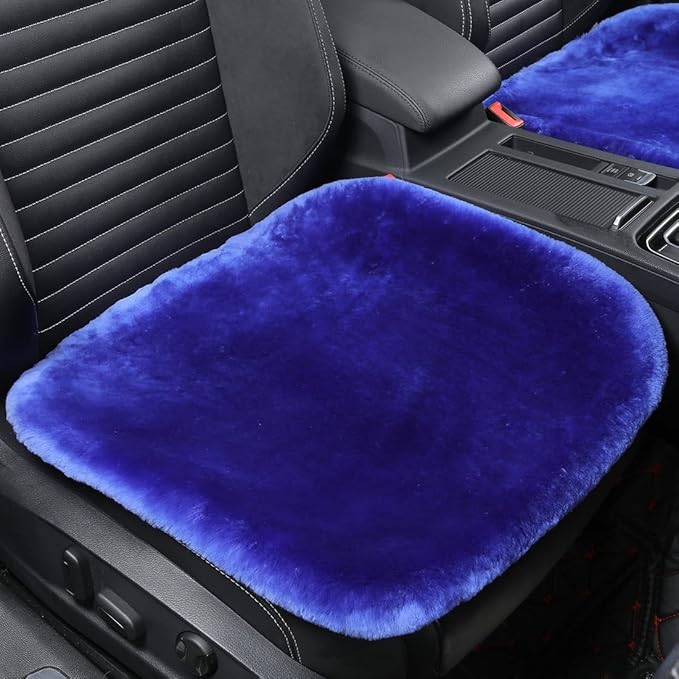 OGLAND Fluffy Genuine Australia Sheepskin Car Seat Cover for Auto Interior Accessories with Soft Fuzzy WoolNatural Fur Non-Slip (Blue, Front)