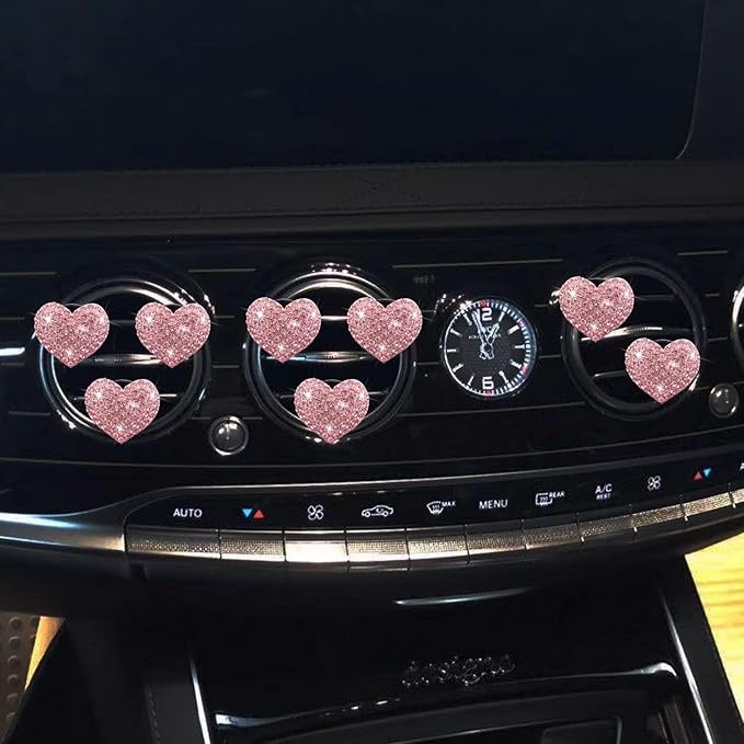 8-Pc Bling Heart Air Vent Clips, Crystal Heart Air Fresheners Vent Clip Rhinestone Car Decor - Cute Car Accessories for Women & Girls (Pink)