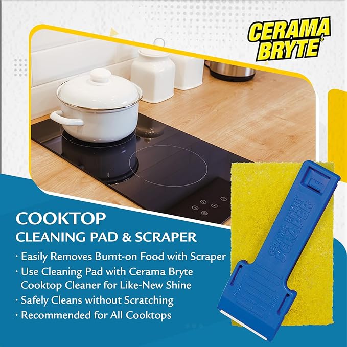 Cerama Bryte 1 x Scraper & 1 x Pad Kit Cooktop and Stove Top Cleaner for Glass - Ceramic Surfaces, 2 Piece Set