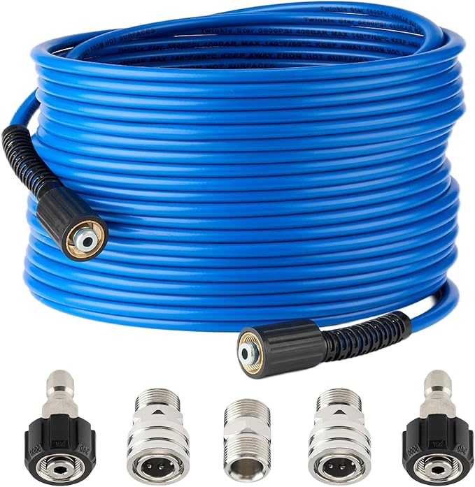 Twinkle Star Super Flexible Pressure Washer Hose 100ft, 5800 PSI Kink Resistant Power Washer Hose 1/4 in., Replacement Power Wash Hose with Stainless Steel M22 and 3/8" Quick Connection Kit
