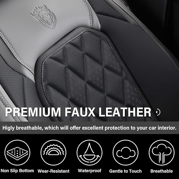 Coverado Seat Covers Full Set, Faux Leather Seat Covers for Car, Waterproof Car Seat Protectors 5 Seats, Automotive Seat Covers Universal Fit for Most Cars SUV Trucks- Gray&Black
