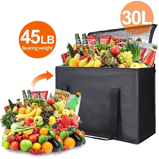 Bodaon 3-Pack Insulated Reusable Grocery Shopping Bag, X-Large Frozen Food Cold, Cooler Bags with Secure Top, Insulated Food/Pizza Delivery Bag, Black
