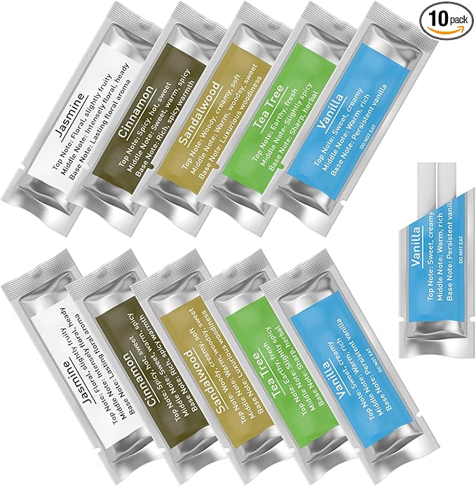 10 Bags Fragranced Car Diffuser Refills for RoyAroma Car Diffuser Vent Clips, Car Air Fresheners Scents Diffuser Perfume Essential Oil sticks- 5 Scents-Vanilla, Tea Tree, Sandalwood, Cinnamon, Jasmine