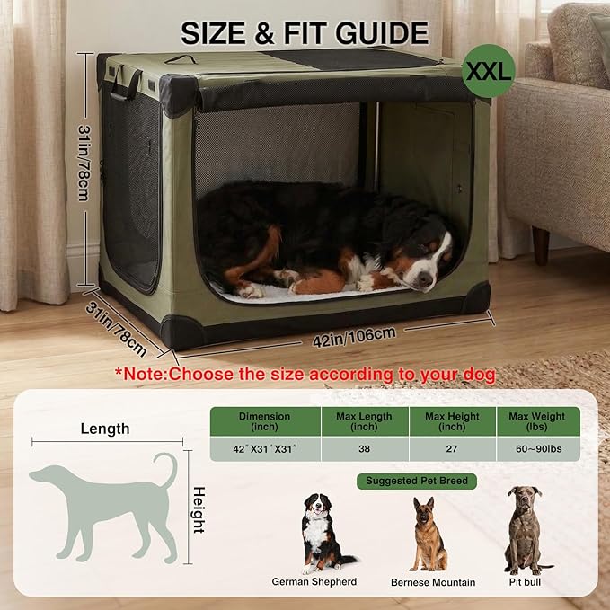 42" L x 31" W x 31" H Collapsible Travel Dog Crate, Quick-Setup Portable Soft Dog Kennel for Large Dogs up to 90 lbs, 4-Door Foldable Travel Crate with Storage Bag, Green