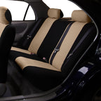 FH Group Car Seat Covers Flat Cloth Automotive Beige Full Set, Rear Solid Bench Universal Fit Combo Steering Wheel Cover & Seat Belt Pads Car Seat Protector for Cars Trucks SUV Interior Accessories