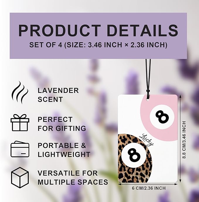 Pink Leopard Print Car Air Freshener 4 Pcs, Trendy Cheetah Lucky 8 Ball Ace Card Hanging Air Freshener for Cars Closet Drawer Books Office, Girly Car Accessories Mirror Decor for Women