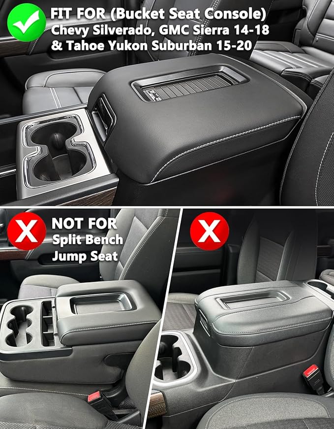 KBH Center Console Armrest Cover for Chevy Silverado, GMC Sierra 1500 2500 3500 2014-2018 & Tahoe Yukon Suburban 2015-2020, Vinyl Leather Trim, Floor Console Bucket Seat, Black