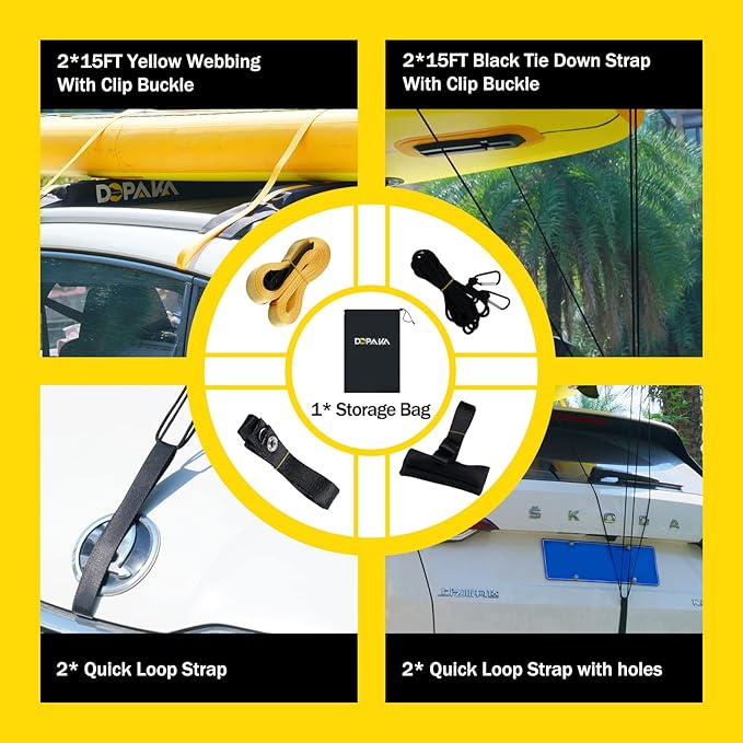 Kayak Roof Racks,Soft Roof Rack Pads,Universal Car Roof Rack for Surfboard/Ski/Kayak Paddle Board/Luggage Carrier System Include 2 Tie Down Straps,2 Tie Down Rope,2 Quick Loop Strap,and Storage Bag