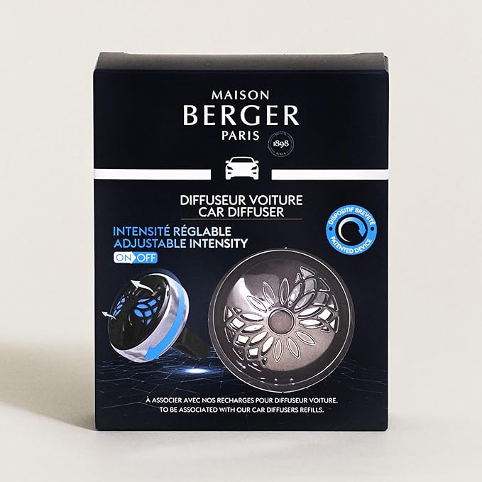 MAISON BERGER - Adjustable Refillable Car Air Freshener Vent Clip Diffuser Set - 1.75" Diameter x 1.25" Depth - Made in France (On/Off Flower - Gun Metal)