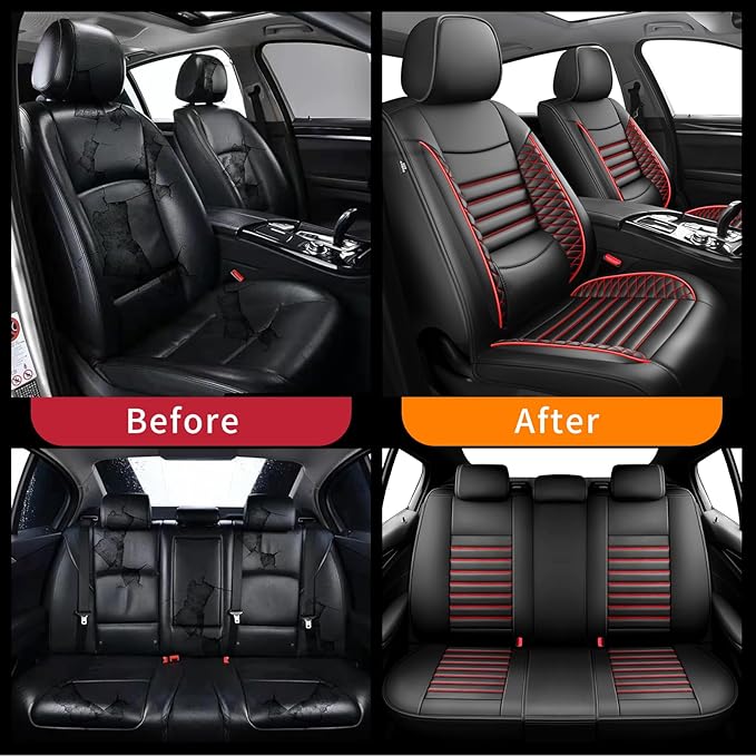 Fit CRV Car Seat Covers for Honda CR-V 2013-2024 2025 2026 - Upgraded Premium Waterproof & Breathable Leather, Airbag Compatible, All-Weather Seat Cushion Protector (Full Set, Black+Red)