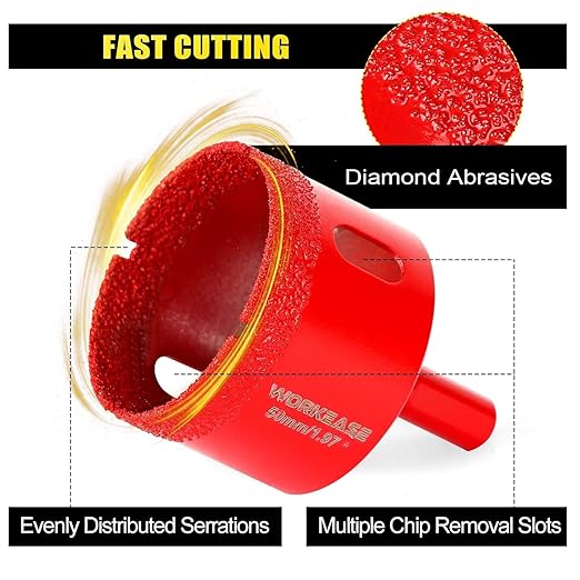 WORKEASE Diamond Hole Saw Kit, 11 Pcs Brazed Hollow Tile Set (0.24”-2”) with Double Suction Cups Guide Jig, Drill Bit Suitable for Glass, Ceramic, Tile, Marble, Porcelain Red