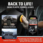 Plastic Restorer for Car with Foam Applicator, Black Trim Restorer, Bumpers and Rubber, Protects Against UV Rays, Long Lasting Shine, No Oily Residue