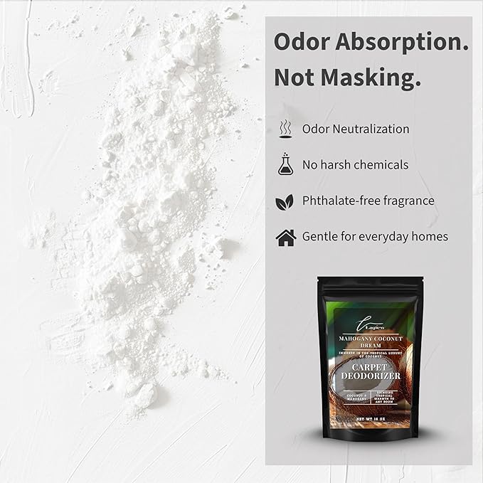 Lapew Mahogany Coconut Dream Carpet Deodorizer Powder - Pet Safe Freshener for Vacuuming | Scented Odor Eliminator for Home | 16 oz